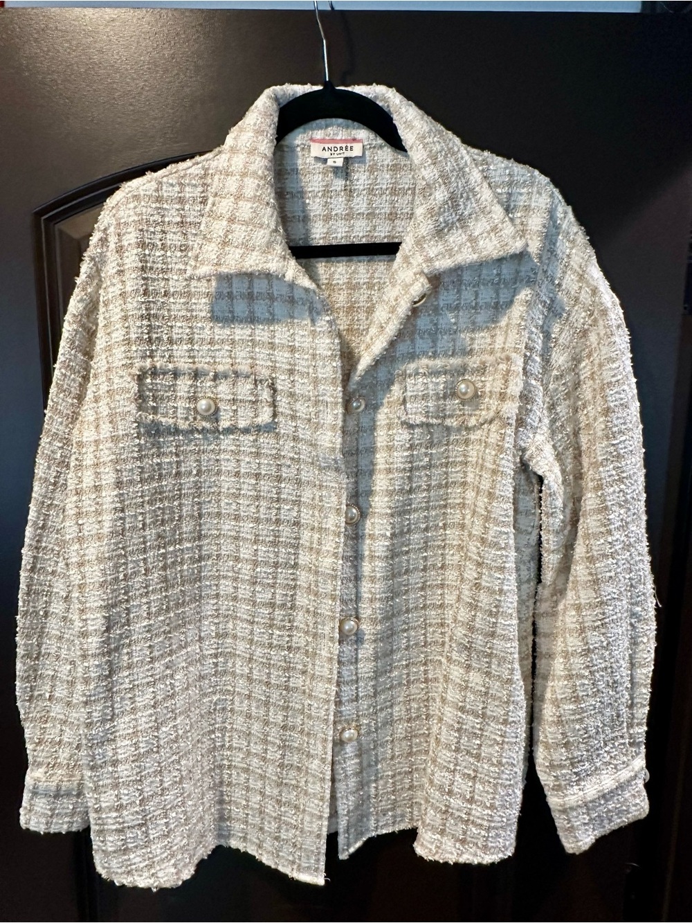 Andree Cream Beige Tweed Pearl-Button Shirt Jacket